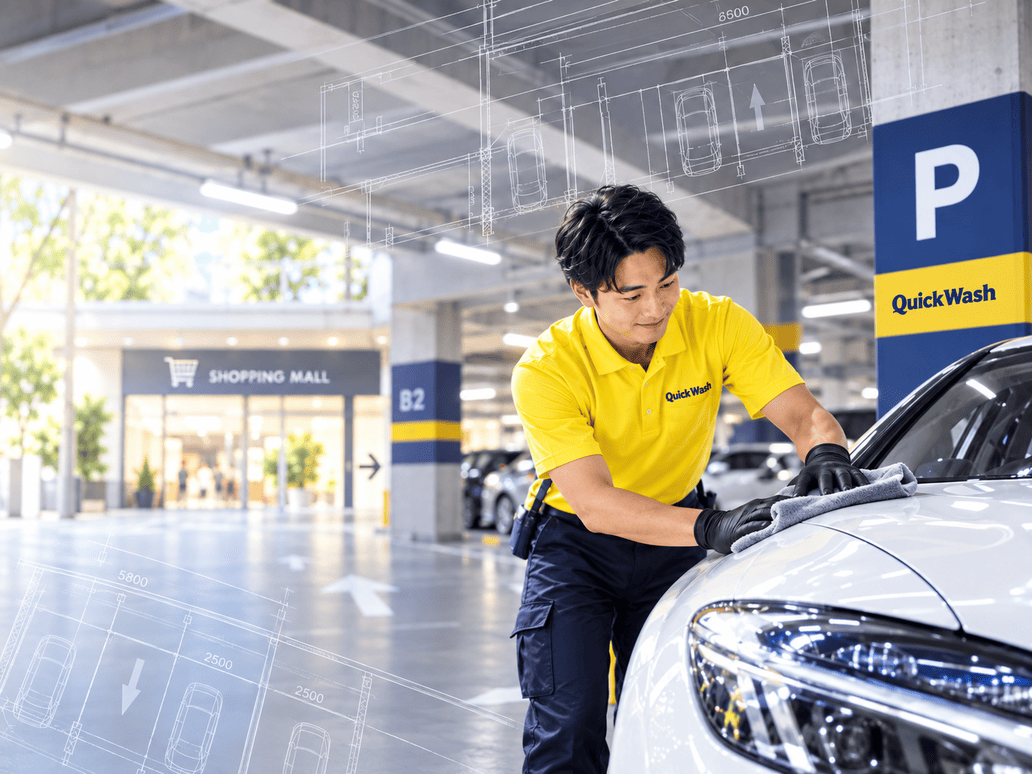 商業施設駐車場での洗車サービス風景